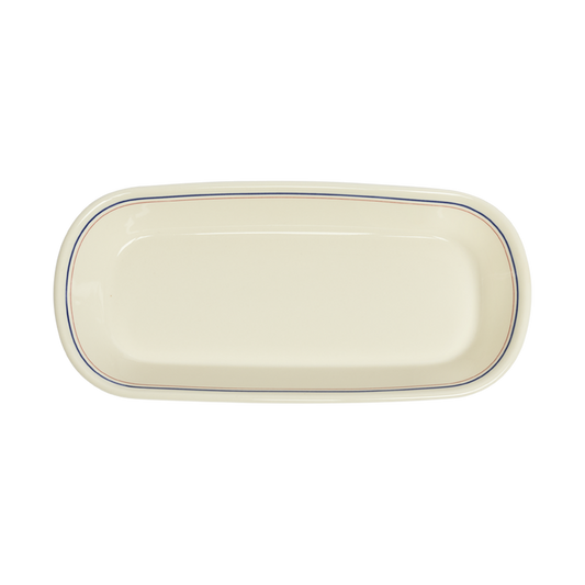 Rectangular ceramic plate with a blue rim on a white background