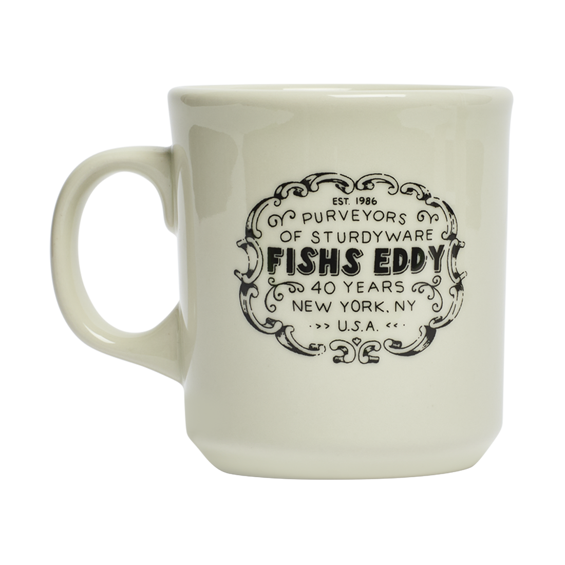 White mug with black text and branding on a white background