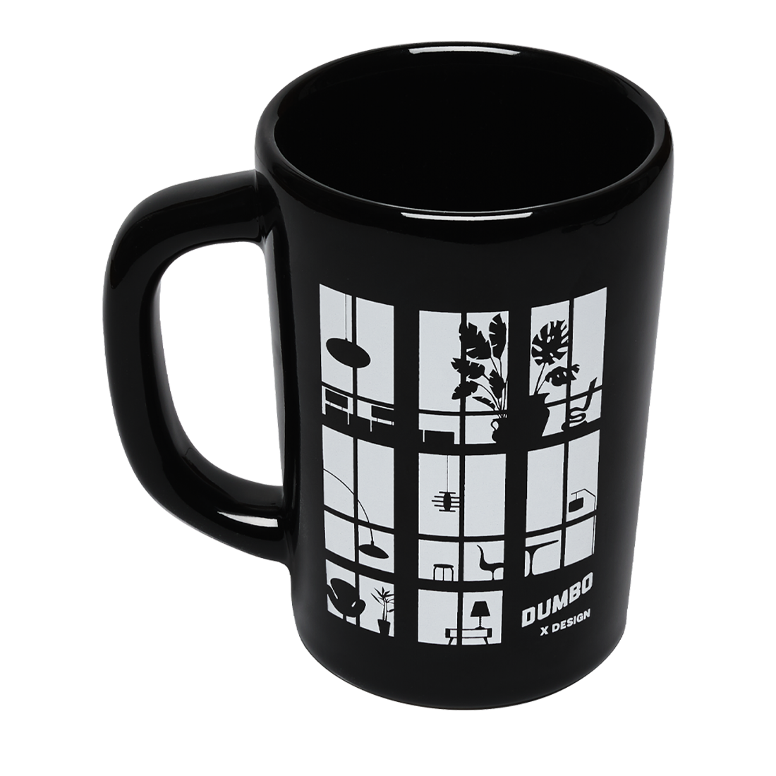 Black mug with white window design and 'Dumbo Design' text on a white background