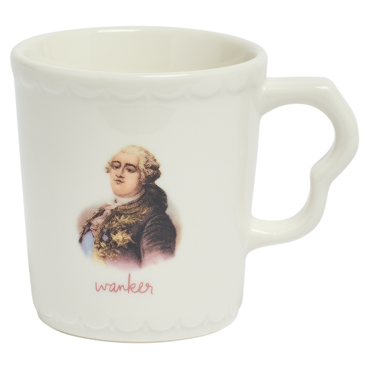 Close-up of All in the Family - Wanker Mug (10oz), ceramic mug with novelty text design