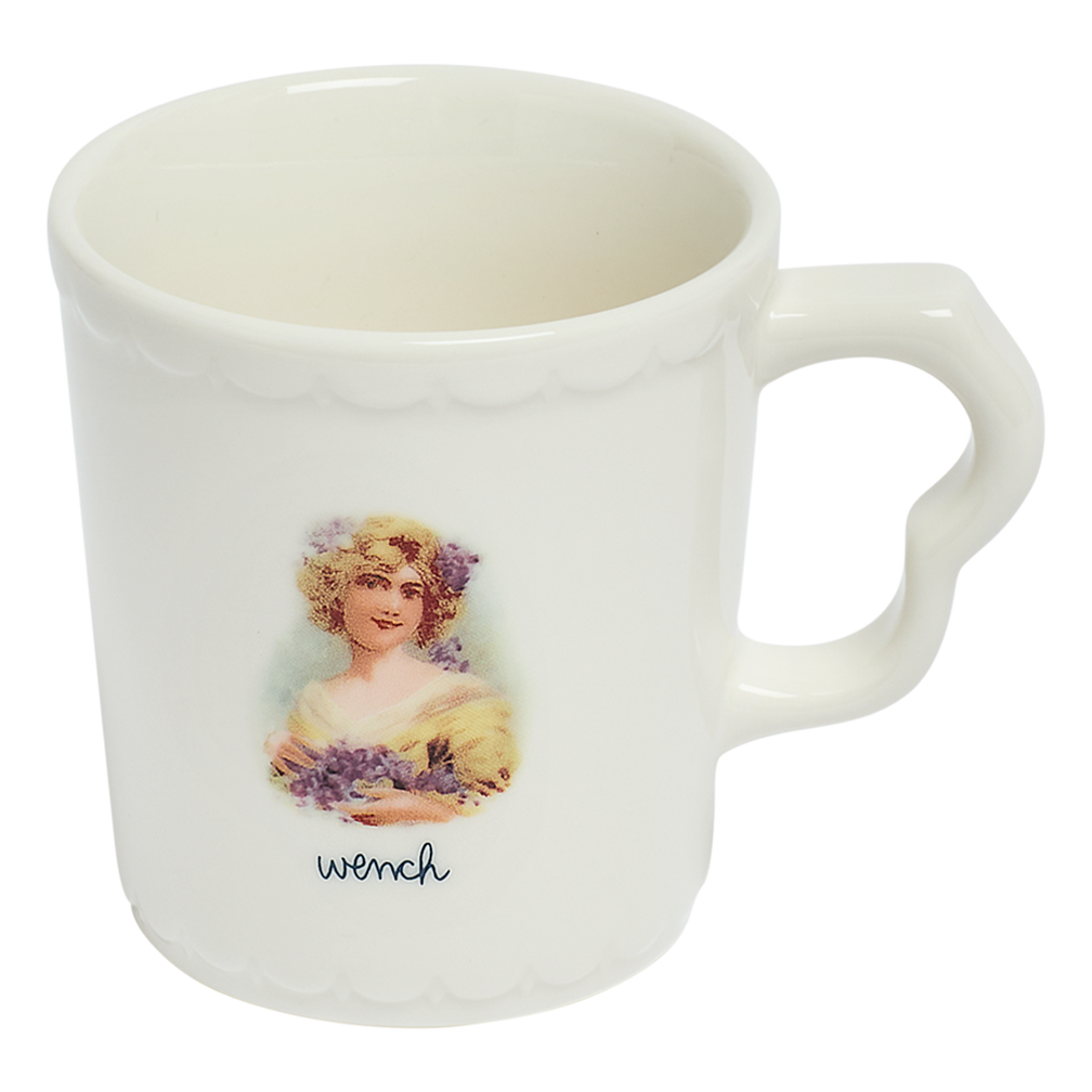Side view of All in the Family - Wench Mug (10oz) by Fishs Eddy, ceramic mug perfect for coffee, tea, and everyday use