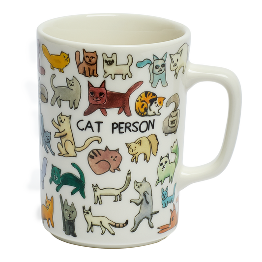 Close-up of Ben Lenovitz - Cat Person Mug (10oz), ceramic mug with illustrated design by Ben Lenovitz