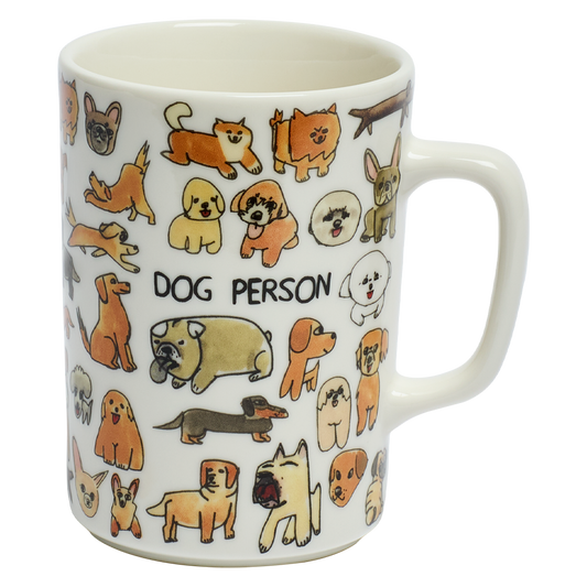 Close-up of Ben Lenovitz - Dog Person Mug (10oz), ceramic mug with illustrated design by Ben Lenovitz