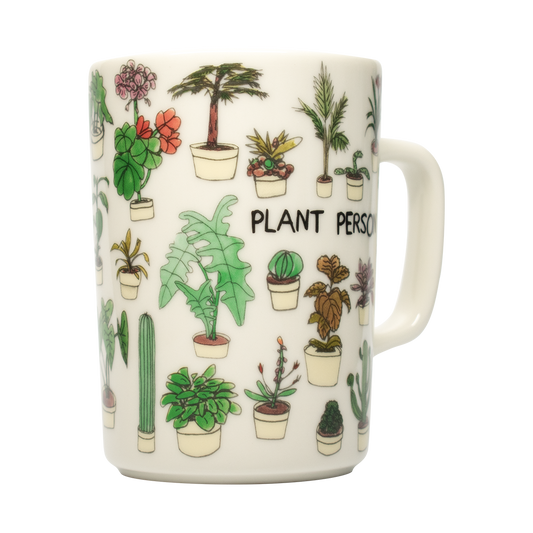 Close-up of Ben Lenovitz - Plant Person Mug (10oz), ceramic mug with illustrated design by Ben Lenovitz