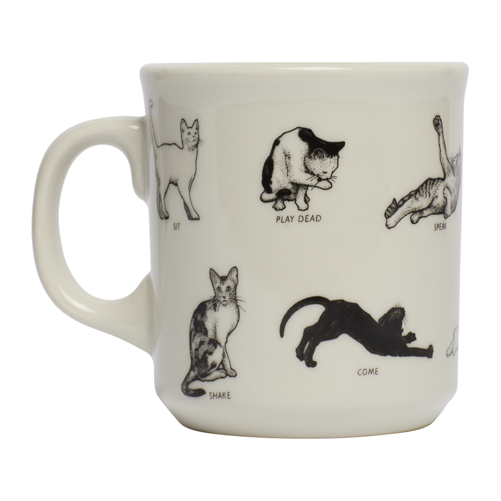 Mug with illustrations of cats and corresponding actions on a white background