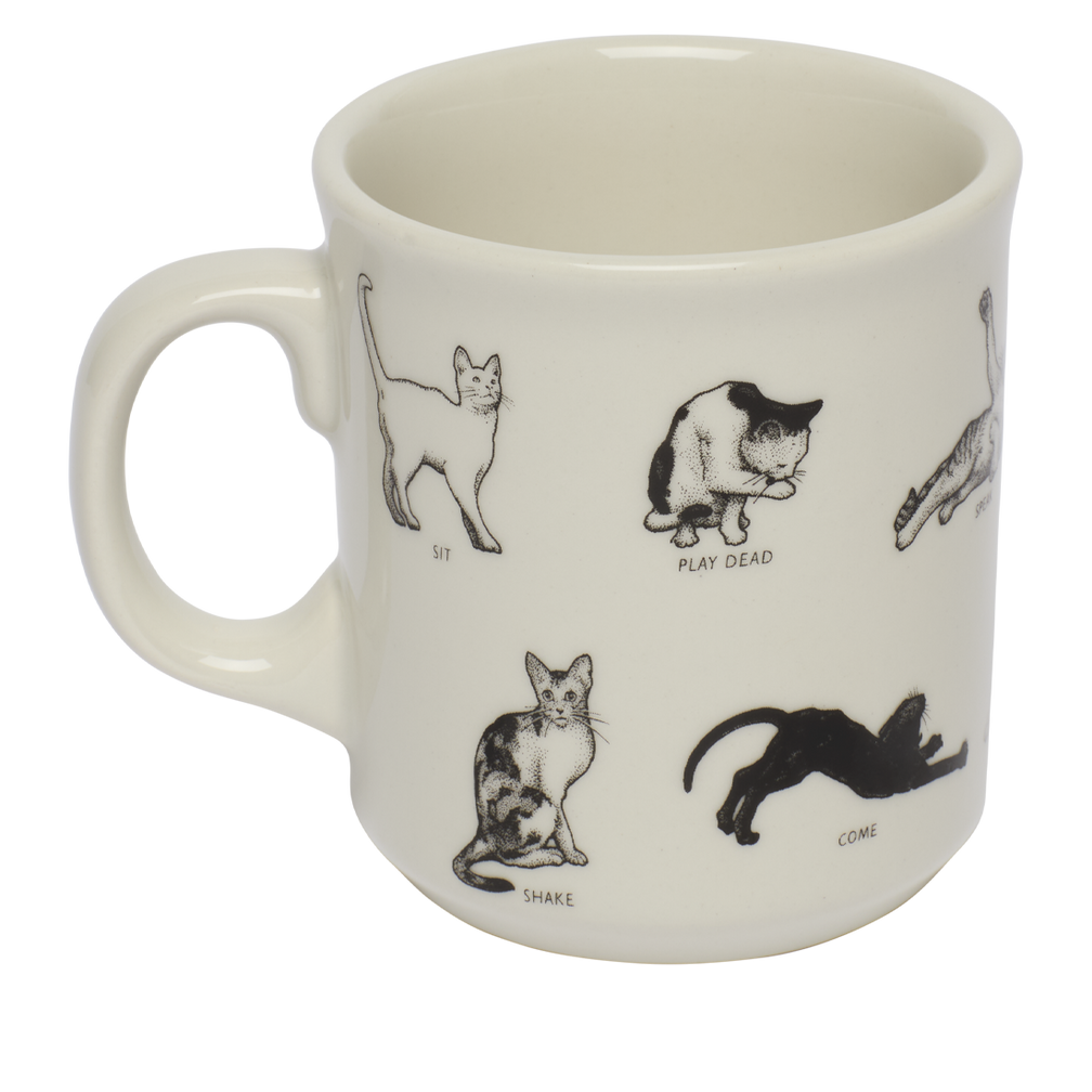 White mug with black illustrations of cats on a white background