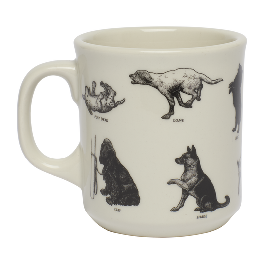 Close-up of Dog Tricks - Mug (12oz), ceramic mug with dog illustration
