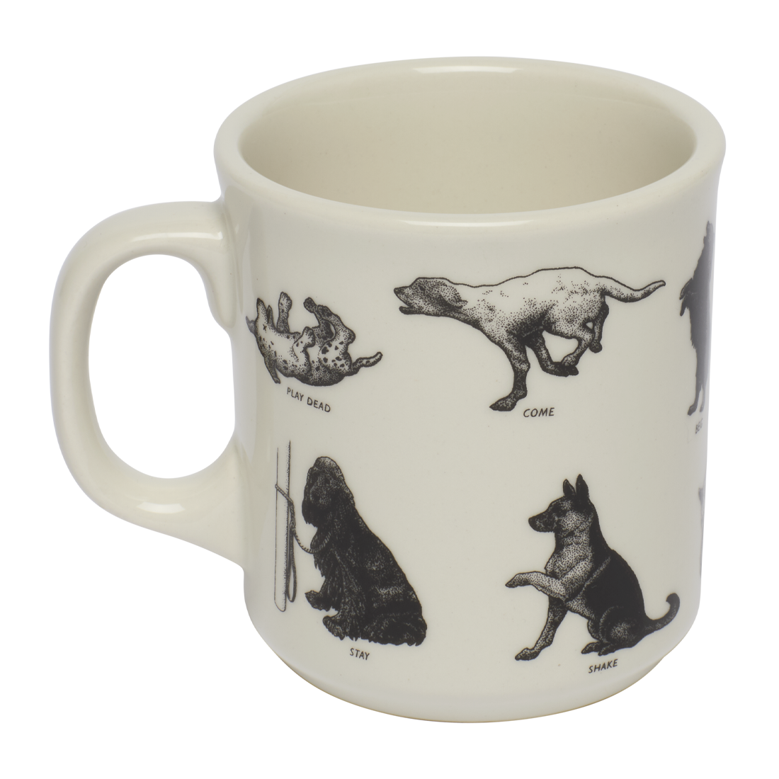 Side view of Dog Tricks - Mug (12oz) by Fishs Eddy, ceramic mug perfect for coffee, tea, and everyday use