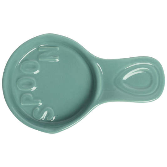 Teal ceramic spoon rest with 'SPOON' text on a white background
