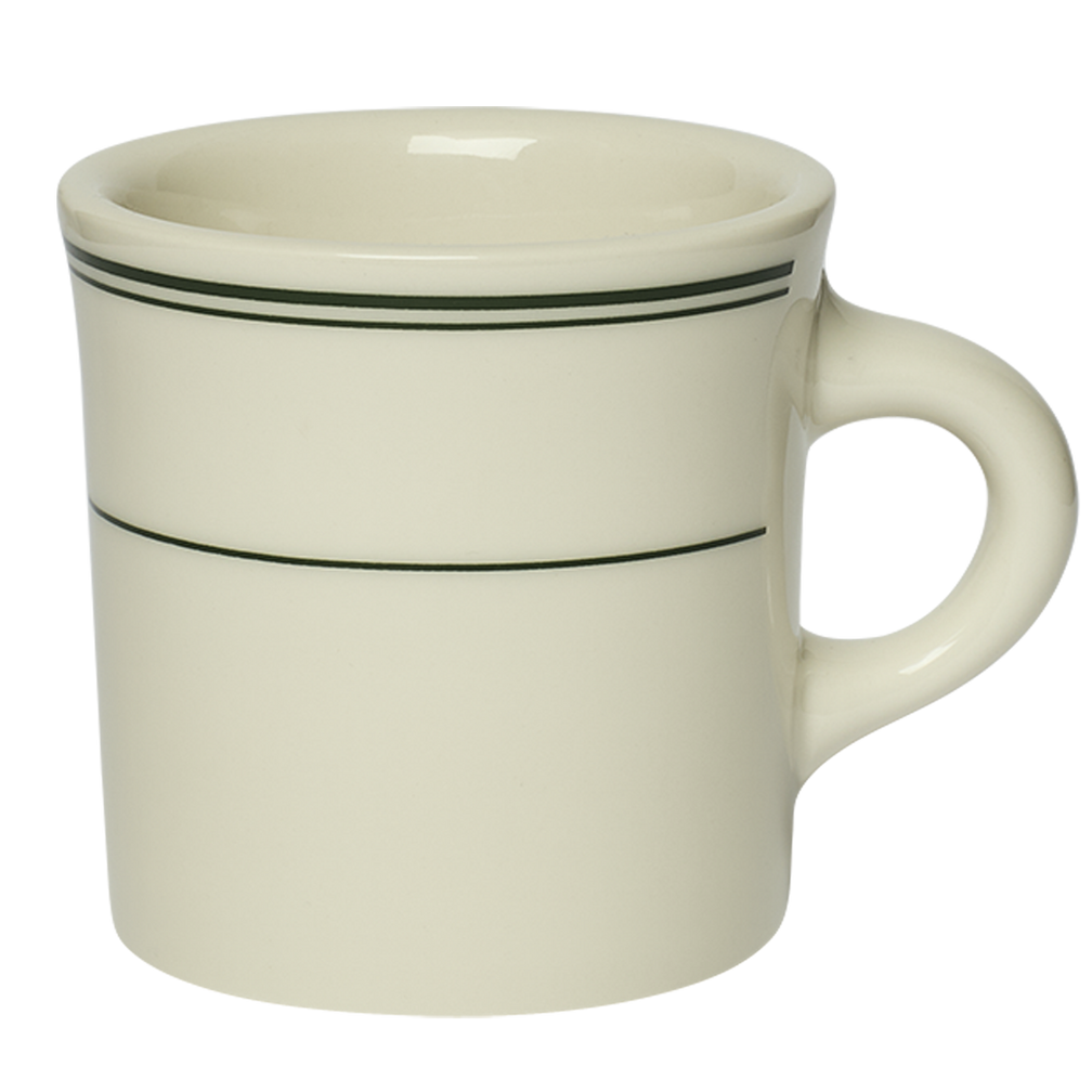 Close-up of HL Greenband - Diner Mug (8 3/4oz), ceramic mug with green band diner stripes