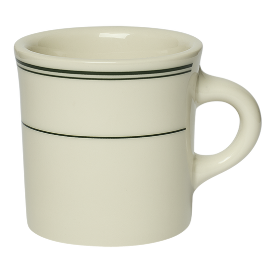 Close-up of HL Greenband - Diner Mug (8 3/4oz), ceramic mug with green band diner stripes