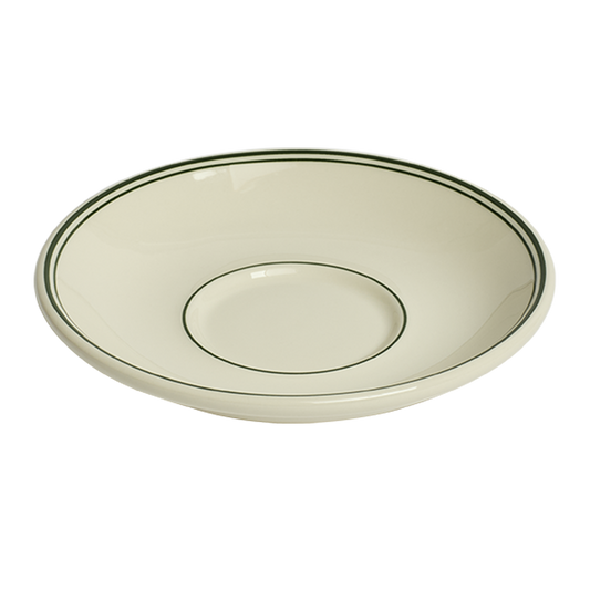 Round ceramic plate with a green rim on a white background