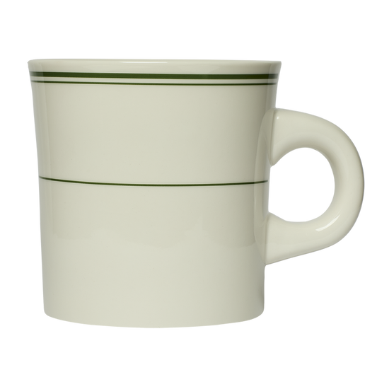 A white ceramic crock with a green stripe near the top.