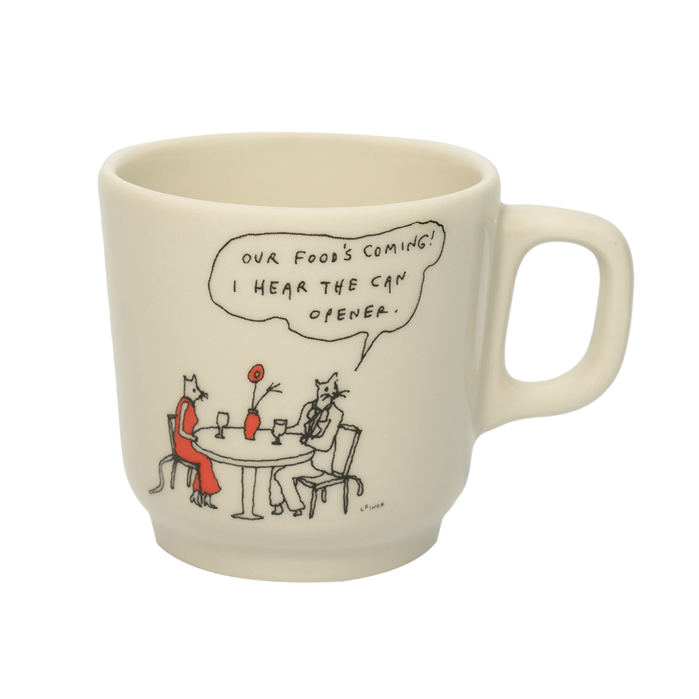 Close-up of Liana Finck - Can Opener Mug (10oz), ceramic mug with illustrated design by Liana Finck