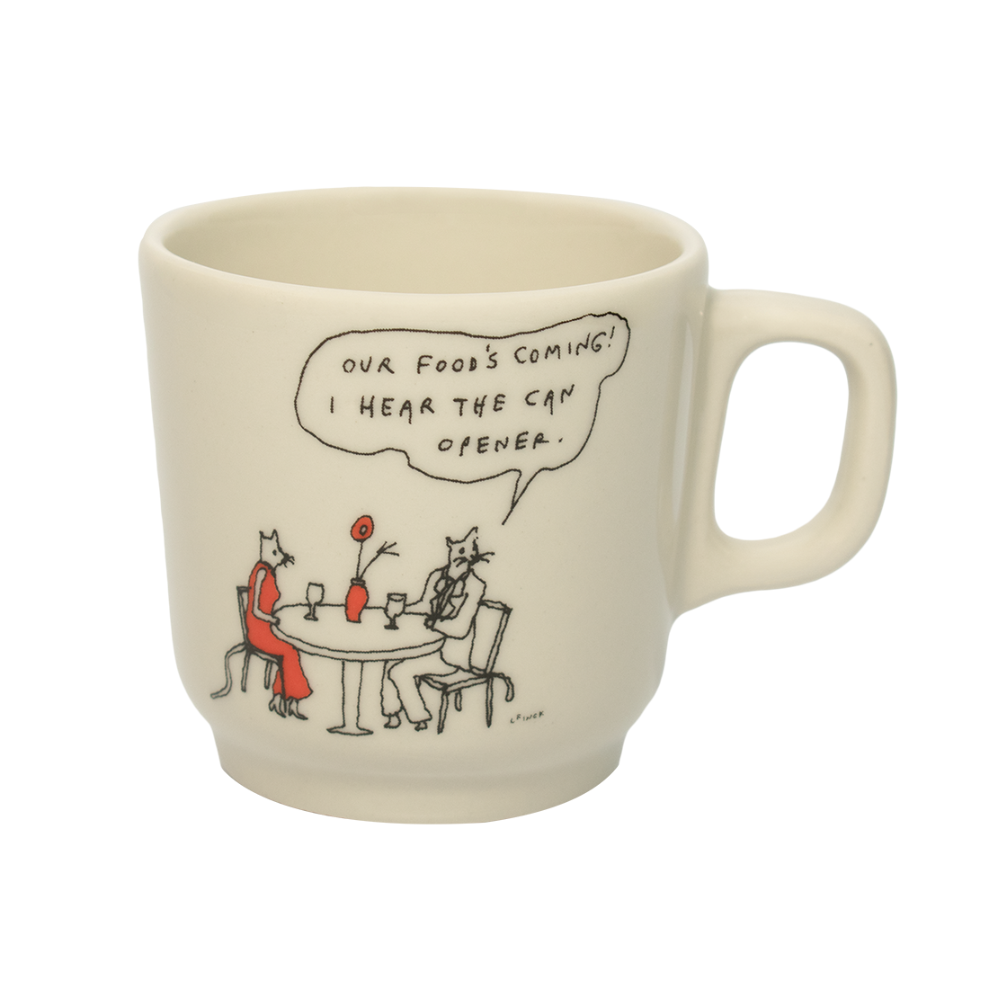 Close-up of Liana Finck - Can Opener Mug (10oz), ceramic mug with illustrated design by Liana Finck