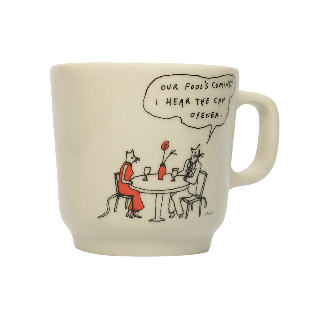 Side view of Liana Finck - Can Opener Mug (10oz) by Fishs Eddy, ceramic mug perfect for coffee, tea, and everyday use