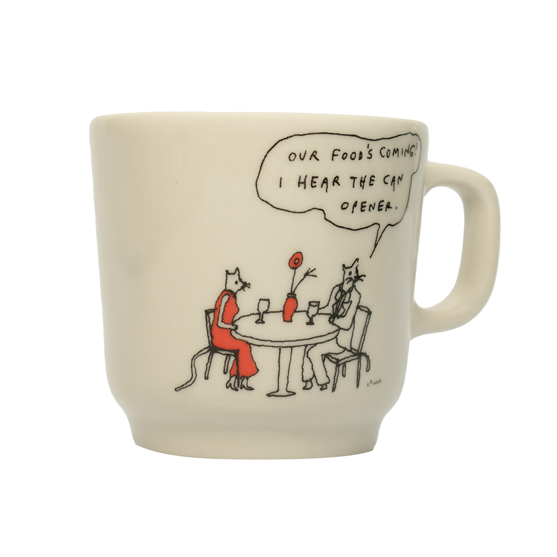 Side view of Liana Finck - Can Opener Mug (10oz) by Fishs Eddy, ceramic mug perfect for coffee, tea, and everyday use
