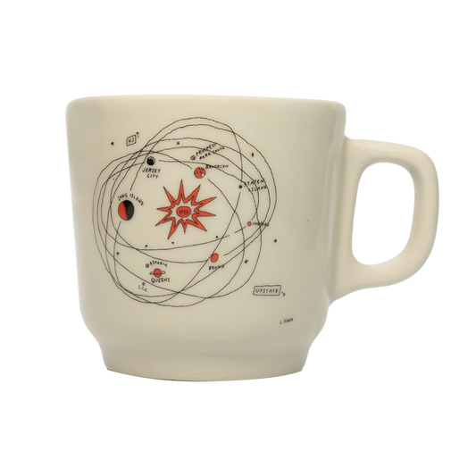 Close-up of Liana Finck - Planets Mug (10oz), ceramic mug with illustrated design by Liana Finck