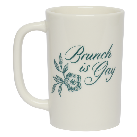 Close-up of Pleasantries - Brunch is Gay Mug (12oz), ceramic mug with graphic design