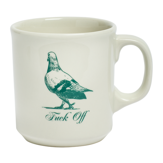 Close-up of Pleasantries - Fuck Off Mug (15oz), ceramic mug with novelty text design