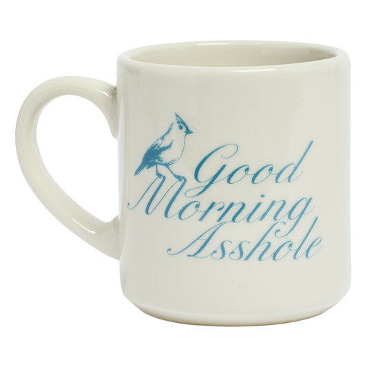 Close-up of Pleasantries - Good Morning Asshole Mug (10oz), ceramic mug with novelty text design