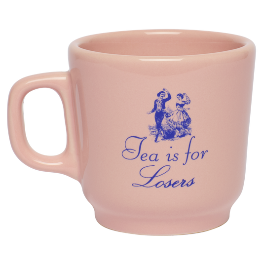 Close-up of Pleasantries - Tea is for Losers Mug (12oz), ceramic mug with novelty text design