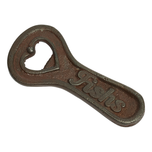 Cast iron bottle opener with 'Fisher' branding on a white background
