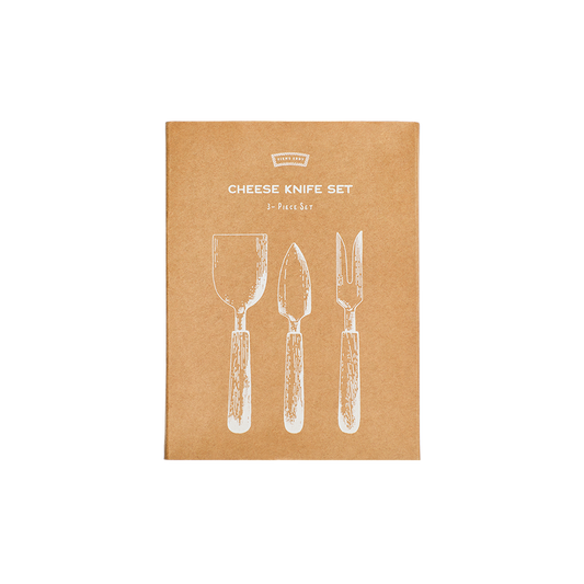 Kraft paper packaging for a cheese knife set with illustrations of a knife, cheese knife, and fork.