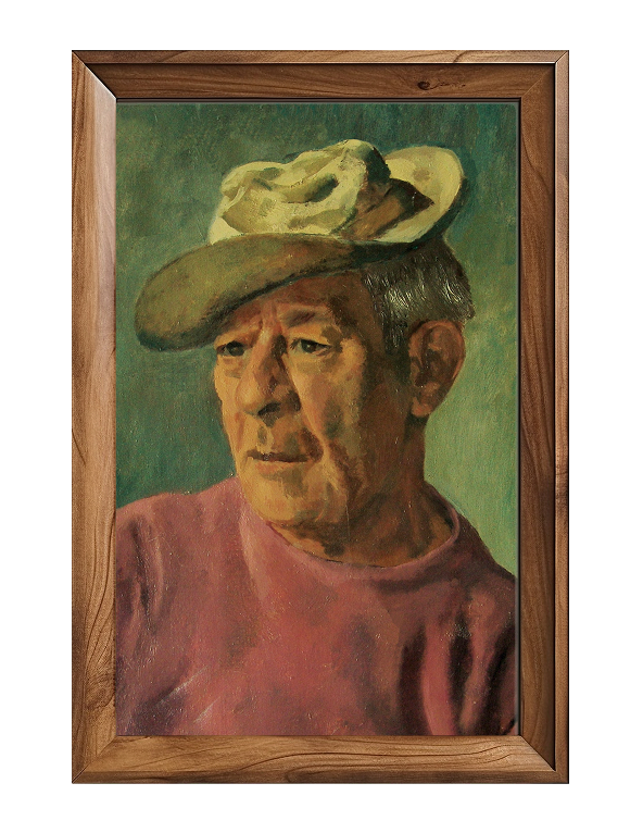 Framed portrait of a main with a tan hat against a green background. 