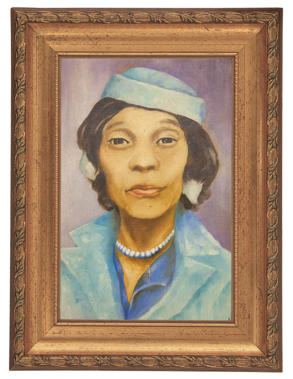 Framed portrait of a woman with a proud expression, in a blue outfit and pearly necklace. 