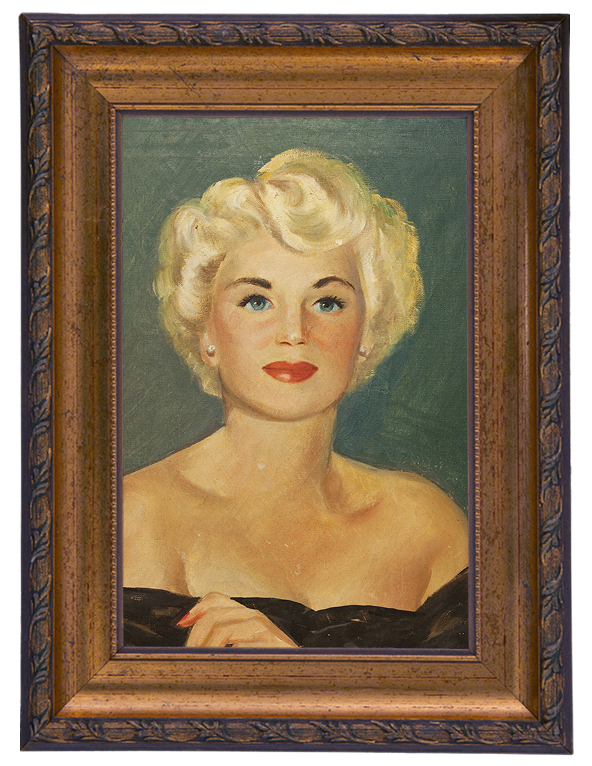 Framed portrait of a blond haired woman in a strapless black dress. 